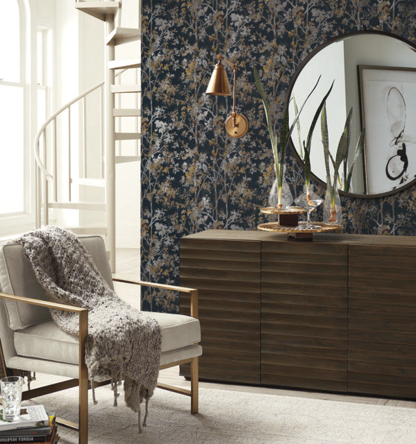 Black & Multi Shimmering Foliage Wallpaper Shimmering Foliage