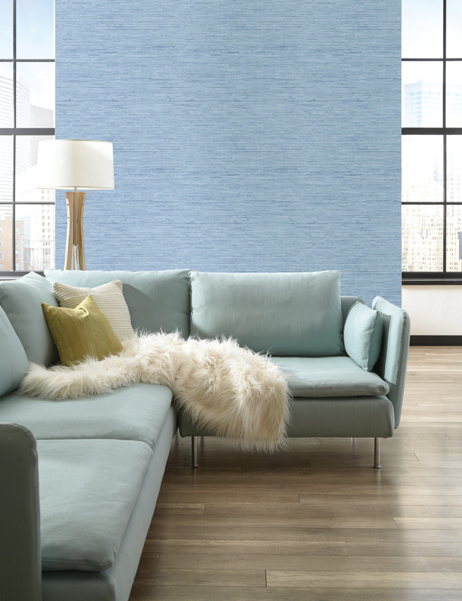Horizontal Blue Faux Grasscloth Wallpaper