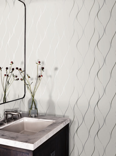 White/Silver Wavy Stripe Wallpaper