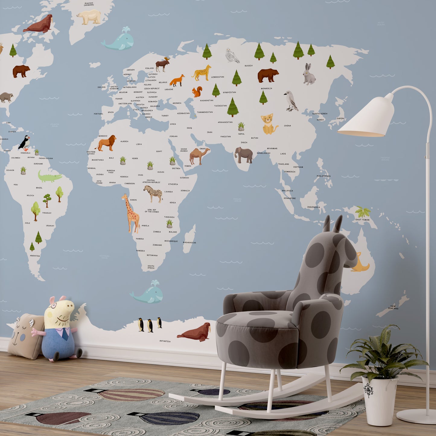 Kids Worldmap Animals mural