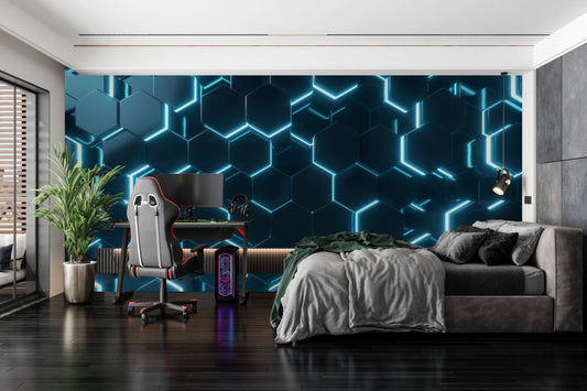 Blue 3D Hexagons Mural